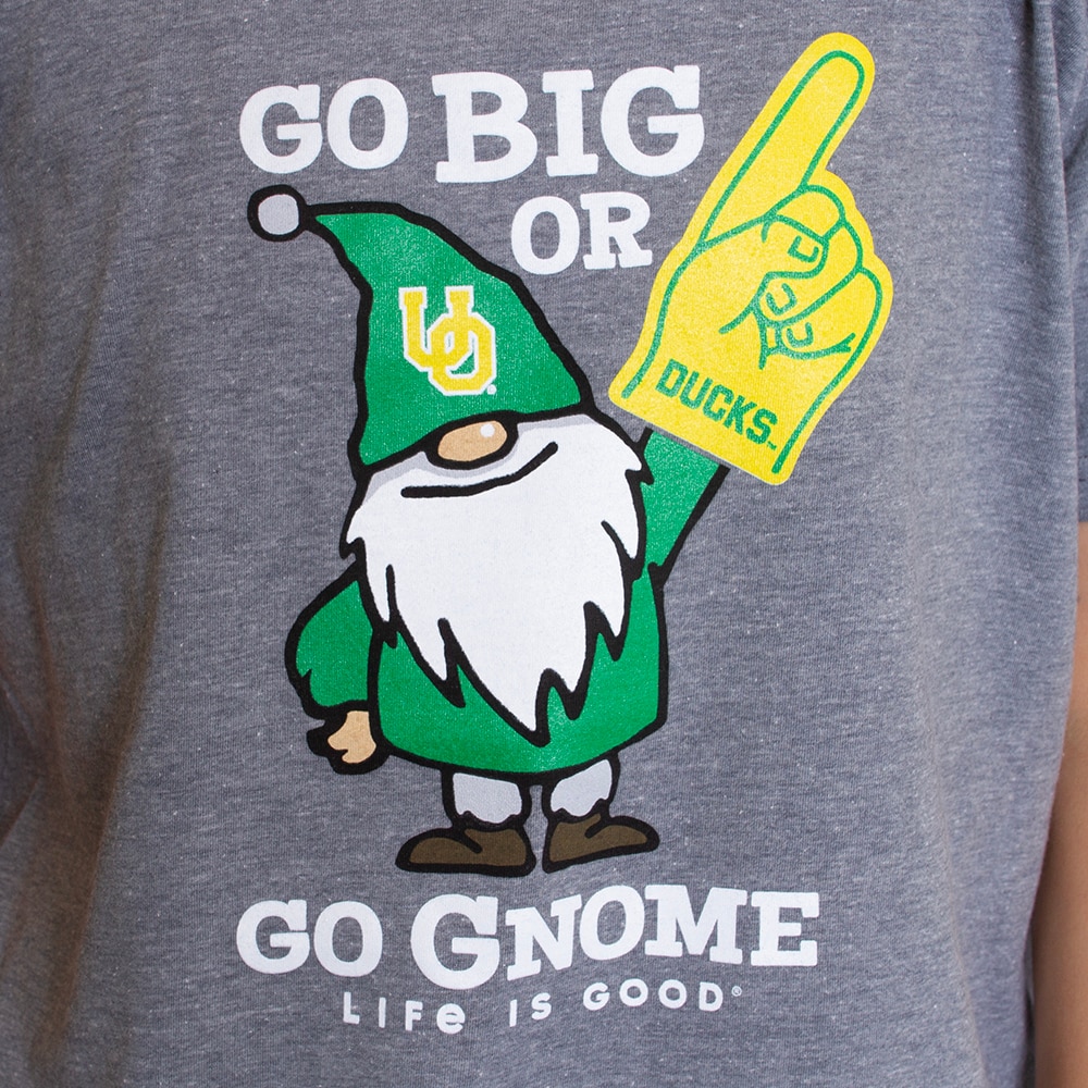Interlocking UO, Blue 84, Grey, Crew Neck, Cotton Blend, Men, Life is Good, Gnome with Foam Finger, T-Shirt, 800462